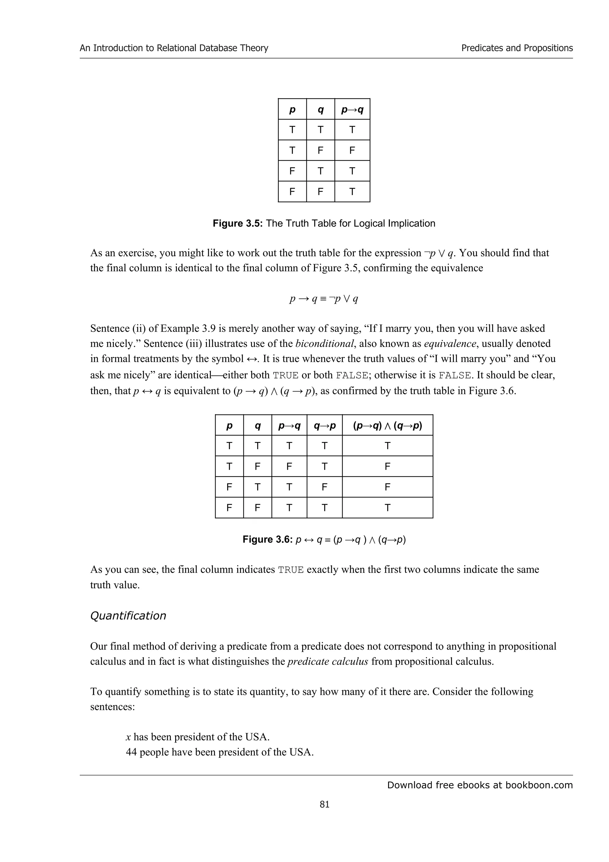 Download free ebooks at bookboon.com
An Introduction to Relational Database Theory
81
Predicates and Propositions
p q p→q
T T T
T F F
F T T
F F T
Figure 3.5: The Truth Table for Logical Implication
As an exercise, you might like to work out the truth table for the expression ¬p  q. You should find that
the final column is identical to the final column of Figure 3.5, confirming the equivalence
p → q  ¬p  q
Sentence (ii) of Example 3.9 is merely another way of saying, “If I marry you, then you will have asked
me nicely.” Sentence (iii) illustrates use of the biconditional, also known as equivalence, usually denoted
in formal treatments by the symbol ↔. It is true whenever the truth values of “I will marry you” and “You
ask me nicely” are identicaleither both TRUE or both FALSE; otherwise it is FALSE. It should be clear,
then, that p ↔ q is equivalent to (p → q)  (q → p), as confirmed by the truth table in Figure 3.6.
p q p→q q→p (p→q)  (q→p)
T T T T T
T F F T F
F T T F F
F F T T T
Figure 3.6: p ↔ q  (p →q )  (q→p)
As you can see, the final column indicates TRUE exactly when the first two columns indicate the same
truth value.
Quantification
Our final method of deriving a predicate from a predicate does not correspond to anything in propositional
calculus and in fact is what distinguishes the predicate calculus from propositional calculus.
To quantify something is to state its quantity, to say how many of it there are. Consider the following
sentences:
x has been president of the USA.
44 people have been president of the USA.
 