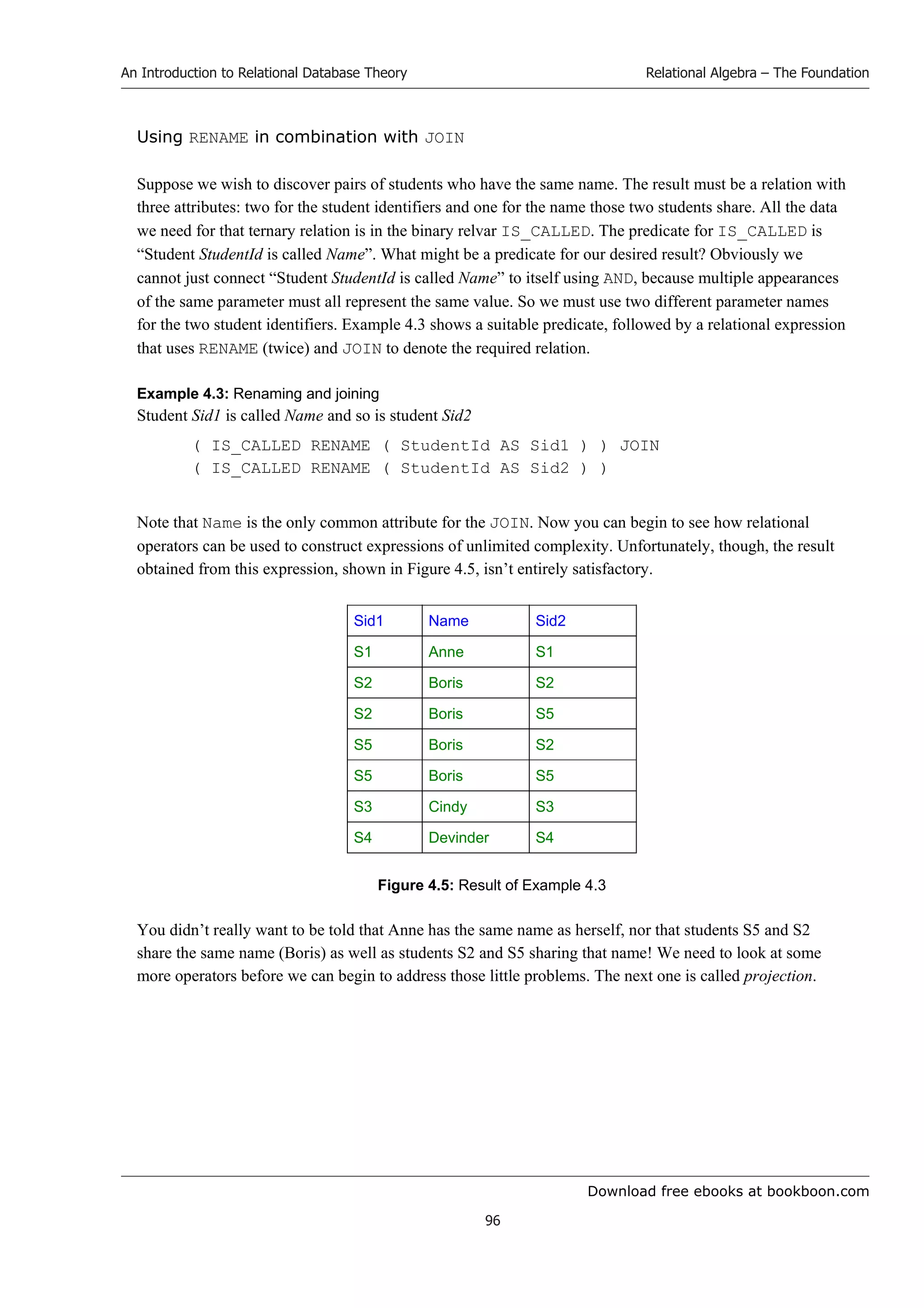 Download free ebooks at bookboon.com
An Introduction to Relational Database Theory
96
Relational Algebra – The Foundation
Using RENAME in combination with JOIN
Suppose we wish to discover pairs of students who have the same name. The result must be a relation with
three attributes: two for the student identifiers and one for the name those two students share. All the data
we need for that ternary relation is in the binary relvar IS_CALLED. The predicate for IS_CALLED is
“Student StudentId is called Name”. What might be a predicate for our desired result? Obviously we
cannot just connect “Student StudentId is called Name” to itself using AND, because multiple appearances
of the same parameter must all represent the same value. So we must use two different parameter names
for the two student identifiers. Example 4.3 shows a suitable predicate, followed by a relational expression
that uses RENAME (twice) and JOIN to denote the required relation.
Example 4.3: Renaming and joining
Student Sid1 is called Name and so is student Sid2
( IS_CALLED RENAME ( StudentId AS Sid1 ) ) JOIN
( IS_CALLED RENAME ( StudentId AS Sid2 ) )
Note that Name is the only common attribute for the JOIN. Now you can begin to see how relational
operators can be used to construct expressions of unlimited complexity. Unfortunately, though, the result
obtained from this expression, shown in Figure 4.5, isn’t entirely satisfactory.
Sid1 Name Sid2
S1 Anne S1
S2 Boris S2
S2 Boris S5
S5 Boris S2
S5 Boris S5
S3 Cindy S3
S4 Devinder S4
Figure 4.5: Result of Example 4.3
You didn’t really want to be told that Anne has the same name as herself, nor that students S5 and S2
share the same name (Boris) as well as students S2 and S5 sharing that name! We need to look at some
more operators before we can begin to address those little problems. The next one is called projection.
 