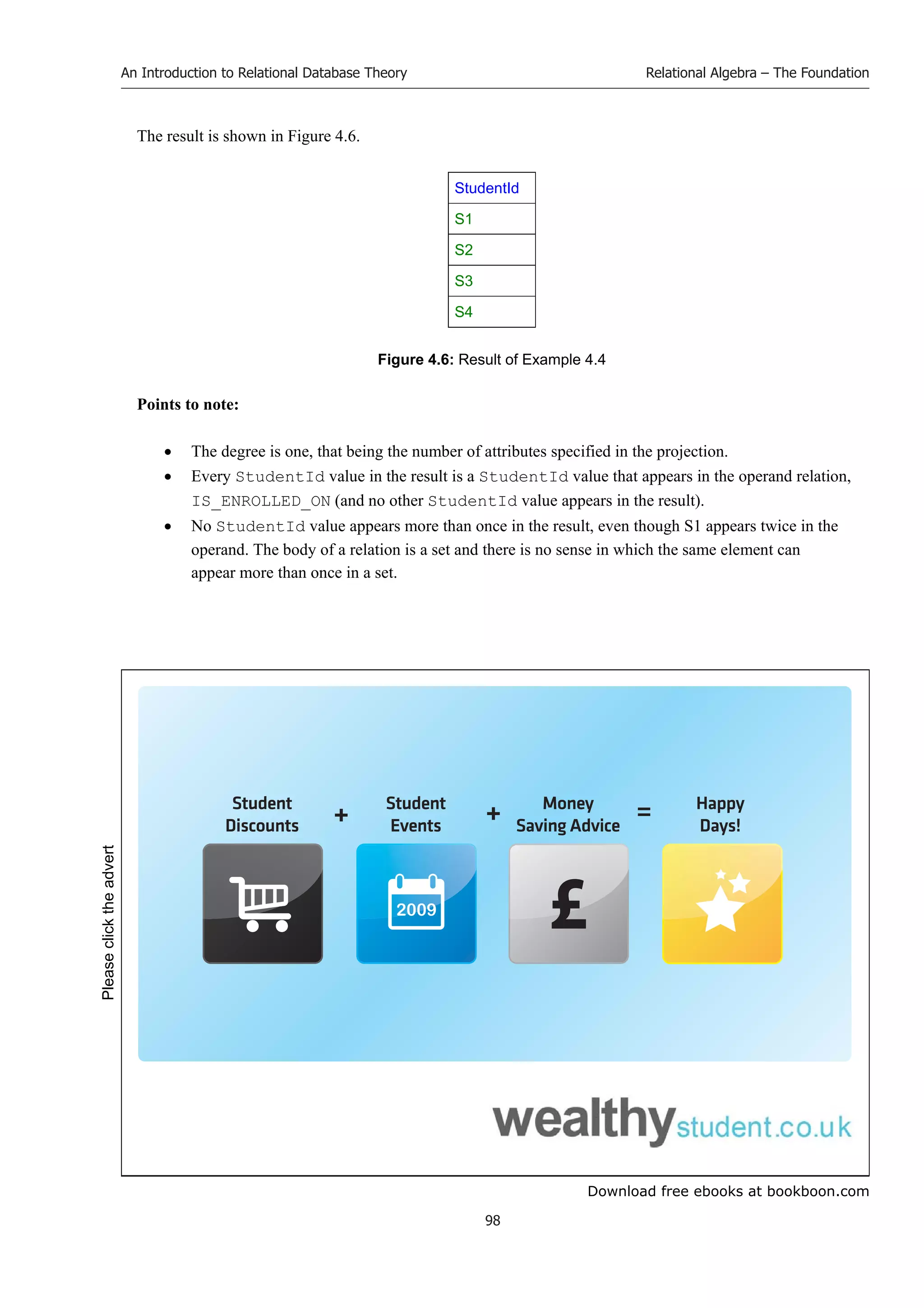 Download free ebooks at bookboon.com
An Introduction to Relational Database Theory
98
Relational Algebra – The Foundation
The result is shown in Figure 4.6.
StudentId
S1
S2
S3
S4
Figure 4.6: Result of Example 4.4
Points to note:
 The degree is one, that being the number of attributes specified in the projection.
 Every StudentId value in the result is a StudentId value that appears in the operand relation,
IS_ENROLLED_ON (and no other StudentId value appears in the result).
 No StudentId value appears more than once in the result, even though S1 appears twice in the
operand. The body of a relation is a set and there is no sense in which the same element can
appear more than once in a set.
2009
Student
Discounts
Student
Events
Money
Saving Advice
Happy
Days!
+ + =
Please
click
the
advert
 