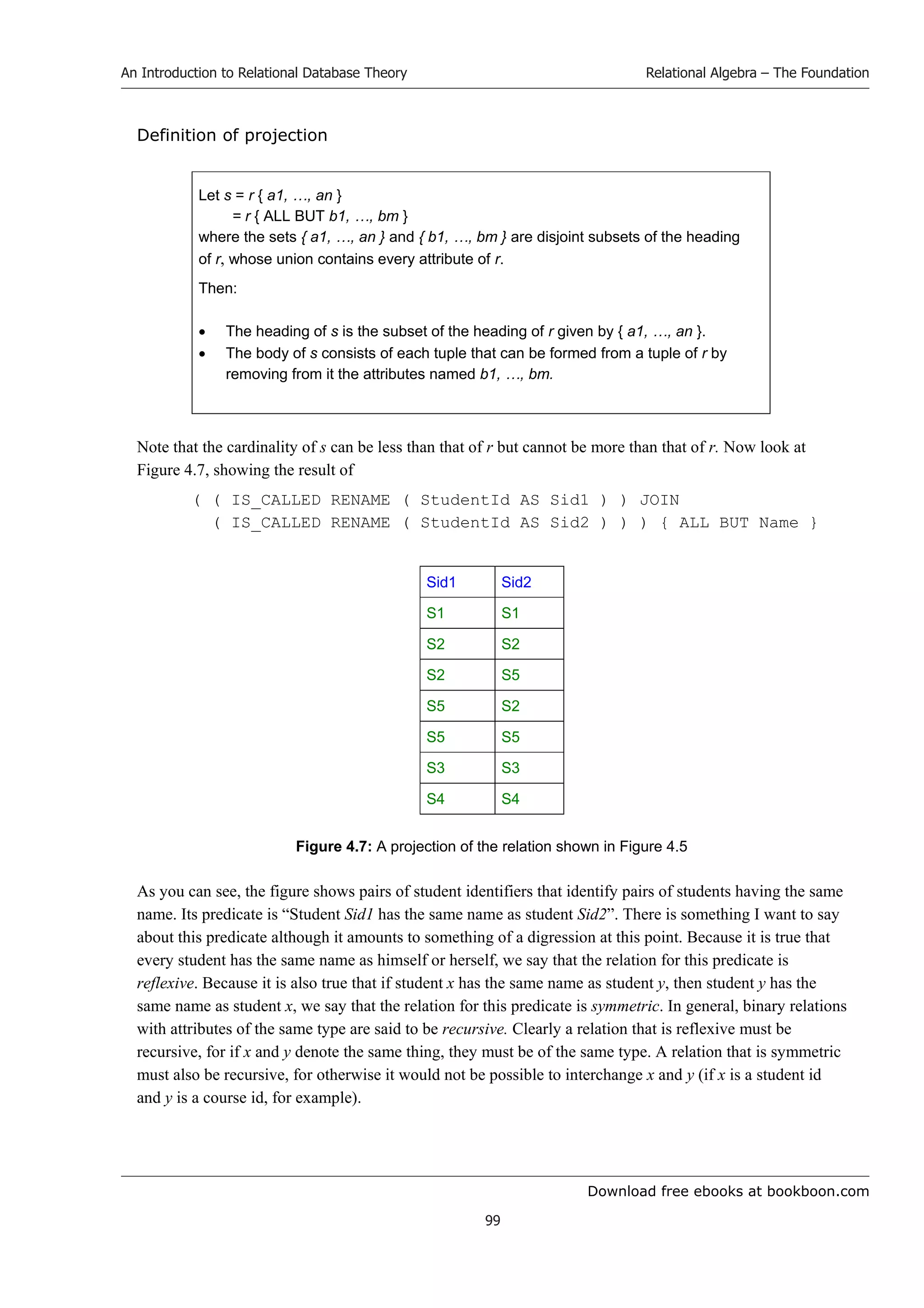 Download free ebooks at bookboon.com
An Introduction to Relational Database Theory
99
Relational Algebra – The Foundation
Definition of projection
Let s = r { a1, …, an }
= r { ALL BUT b1, …, bm }
where the sets { a1, …, an } and { b1, …, bm } are disjoint subsets of the heading
of r, whose union contains every attribute of r.
Then:
 The heading of s is the subset of the heading of r given by { a1, …, an }.
 The body of s consists of each tuple that can be formed from a tuple of r by
removing from it the attributes named b1, …, bm.
Note that the cardinality of s can be less than that of r but cannot be more than that of r. Now look at
Figure 4.7, showing the result of
( ( IS_CALLED RENAME ( StudentId AS Sid1 ) ) JOIN
( IS_CALLED RENAME ( StudentId AS Sid2 ) ) ) { ALL BUT Name }
Sid1 Sid2
S1 S1
S2 S2
S2 S5
S5 S2
S5 S5
S3 S3
S4 S4
Figure 4.7: A projection of the relation shown in Figure 4.5
As you can see, the figure shows pairs of student identifiers that identify pairs of students having the same
name. Its predicate is “Student Sid1 has the same name as student Sid2”. There is something I want to say
about this predicate although it amounts to something of a digression at this point. Because it is true that
every student has the same name as himself or herself, we say that the relation for this predicate is
reflexive. Because it is also true that if student x has the same name as student y, then student y has the
same name as student x, we say that the relation for this predicate is symmetric. In general, binary relations
with attributes of the same type are said to be recursive. Clearly a relation that is reflexive must be
recursive, for if x and y denote the same thing, they must be of the same type. A relation that is symmetric
must also be recursive, for otherwise it would not be possible to interchange x and y (if x is a student id
and y is a course id, for example).
 