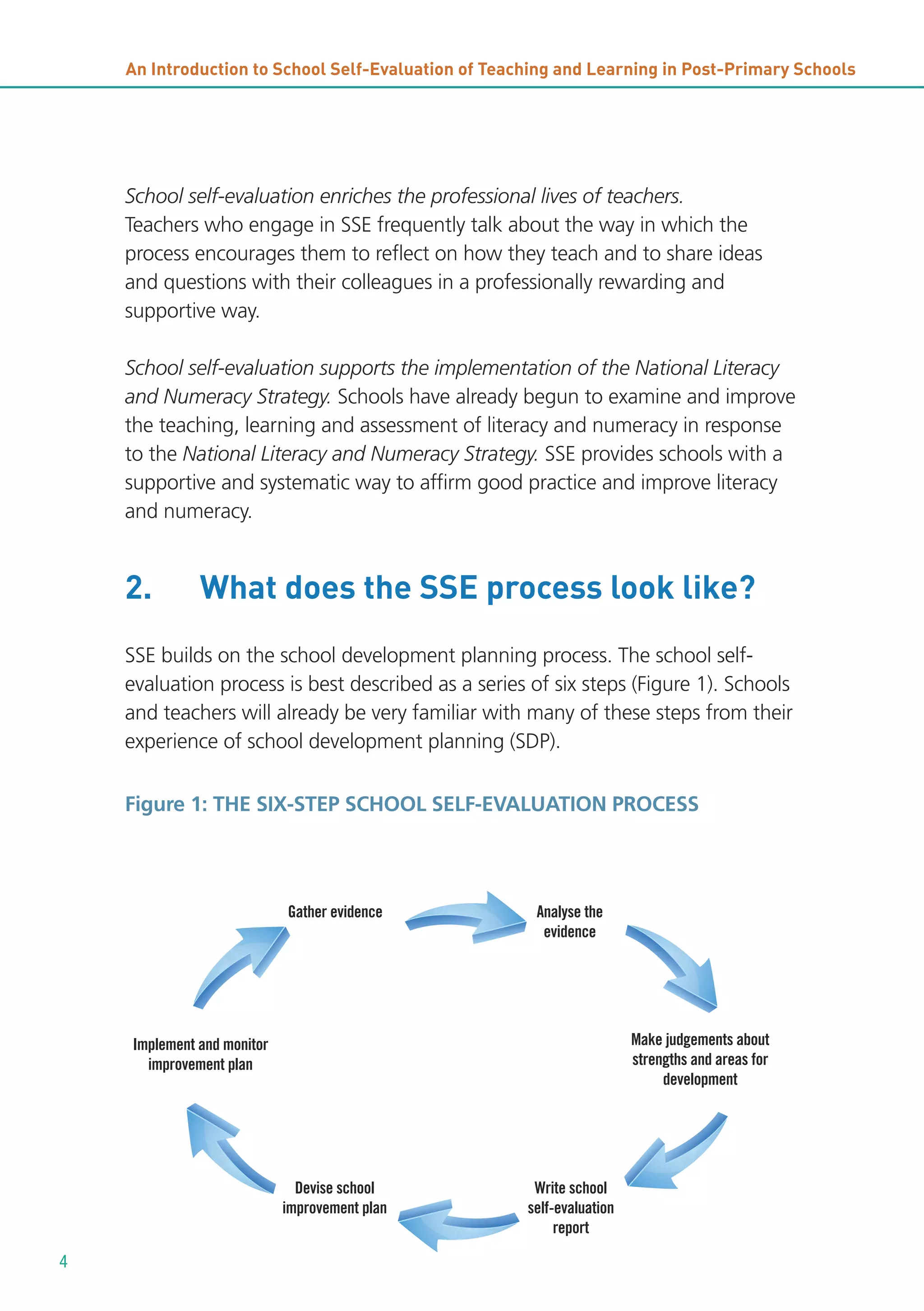 An Introduction to School Self-Evaluation of Teaching and Learning in Post-Primary Schools

School self-evaluation enriches the professional lives of teachers.
Teachers who engage in SSE frequently talk about the way in which the
process encourages them to reflect on how they teach and to share ideas
and questions with their colleagues in a professionally rewarding and
supportive way.
School self-evaluation supports the implementation of the National Literacy
and Numeracy Strategy. Schools have already begun to examine and improve
the teaching, learning and assessment of literacy and numeracy in response
to the National Literacy and Numeracy Strategy. SSE provides schools with a
supportive and systematic way to affirm good practice and improve literacy
and numeracy.

2.

What does the SSE process look like?

SSE builds on the school development planning process. The school selfevaluation process is best described as a series of six steps (Figure 1). Schools
and teachers will already be very familiar with many of these steps from their
experience of school development planning (SDP).
Figure 1: THE SIX-STEP SCHOOL SELF-EVALUATION PROCESS

Gather evidence

Analyse the
evidence

Make judgements about
strengths and areas for
development

Implement and monitor
improvement plan

Devise school
improvement plan

4

Write school
self-evaluation
report

 