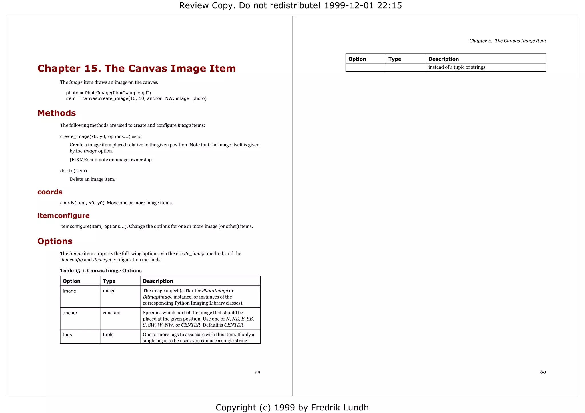 Review Copy. Do not redistribute! 1999-12-01 22:15



                                                                                                                                                       Chapter 15. The Canvas Image Item


                                                                                                                  Option   Type   Description

Chapter 15. The Canvas Image Item                                                                                                 instead of a tuple of strings.


     The image item draws an image on the canvas.

          photo = PhotoImage(file="sample.gif")
          item = canvas.create_image(10, 10, anchor=NW, image=photo)


Methods
     The following methods are used to create and configure image items:

     create_image(x0, y0, options...) ⇒ id
            Create a image item placed relative to the given position. Note that the image itself is given
            by the image option.
            [FIXME: add note on image ownership]

     delete(item)
            Delete an image item.

coords
     coords(item, x0, y0). Move one or more image items.


itemconfigure
     itemconfigure(item, options...). Change the options for one or more image (or other) items.


Options
     The image item supports the following options, via the create_image method, and the
     itemconfig and itemcget configuration methods.

     Table 15-1. Canvas Image Options

         Option             Type                Description

         image              image               The image object (a Tkinter PhotoImage or
                                                BitmapImage instance, or instances of the
                                                corresponding Python Imaging Library classes).

         anchor             constant            Specifies which part of the image that should be
                                                placed at the given position. Use one of N, NE, E, SE,
                                                S, SW, W, NW, or CENTER. Default is CENTER.

         tags               tuple               One or more tags to associate with this item. If only a
                                                single tag is to be used, you can use a single string




                                                                                                          59                                                                         60




                                                                                    Copyright (c) 1999 by Fredrik Lundh
 