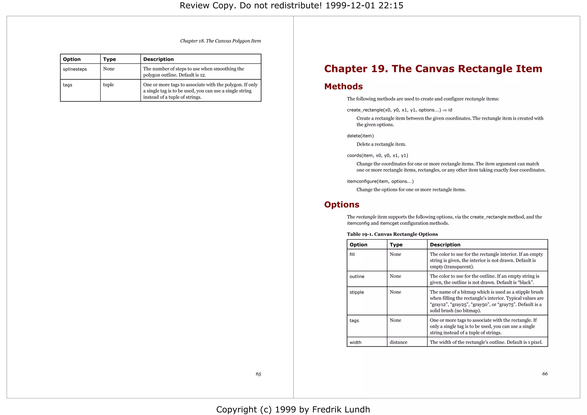 Review Copy. Do not redistribute! 1999-12-01 22:15



                                       Chapter 18. The Canvas Polygon Item


Option        Type    Description

splinesteps   None    The number of steps to use when smoothing the
                      polygon outline. Default is 12.
                                                                                 Chapter 19. The Canvas Rectangle Item
tags          tuple   One or more tags to associate with the polygon. If only
                      a single tag is to be used, you can use a single string
                                                                                 Methods
                      instead of a tuple of strings.                                  The following methods are used to create and configure rectangle items:

                                                                                      create_rectangle(x0, y0, x1, y1, options...) ⇒ id
                                                                                              Create a rectangle item between the given coordinates. The rectangle item is created with
                                                                                              the given options.

                                                                                      delete(item)
                                                                                              Delete a rectangle item.

                                                                                      coords(item, x0, y0, x1, y1)
                                                                                              Change the coordinates for one or more rectangle items. The item argument can match
                                                                                              one or more rectangle items, rectangles, or any other item taking exactly four coordinates.

                                                                                      itemconfigure(item, options...)
                                                                                              Change the options for one or more rectangle items.


                                                                                 Options
                                                                                      The rectangle item supports the following options, via the create_rectangle method, and the
                                                                                      itemconfig and itemcget configuration methods.

                                                                                      Table 19-1. Canvas Rectangle Options

                                                                                       Option                 Type               Description

                                                                                       fill                   None               The color to use for the rectangle interior. If an empty
                                                                                                                                 string is given, the interior is not drawn. Default is
                                                                                                                                 empty (transparent).

                                                                                       outline                None               The color to use for the outline. If an empty string is
                                                                                                                                 given, the outline is not drawn. Default is “black”.

                                                                                       stipple                None               The name of a bitmap which is used as a stipple brush
                                                                                                                                 when filling the rectangle's interior. Typical values are
                                                                                                                                 “gray12”, “gray25”, “gray50”, or “gray75”. Default is a
                                                                                                                                 solid brush (no bitmap).

                                                                                       tags                   None               One or more tags to associate with the rectangle. If
                                                                                                                                 only a single tag is to be used, you can use a single
                                                                                                                                 string instead of a tuple of strings.

                                                                                       width                  distance           The width of the rectangle's outline. Default is 1 pixel.




                                                                            65                                                                                                             66




                                                         Copyright (c) 1999 by Fredrik Lundh
 