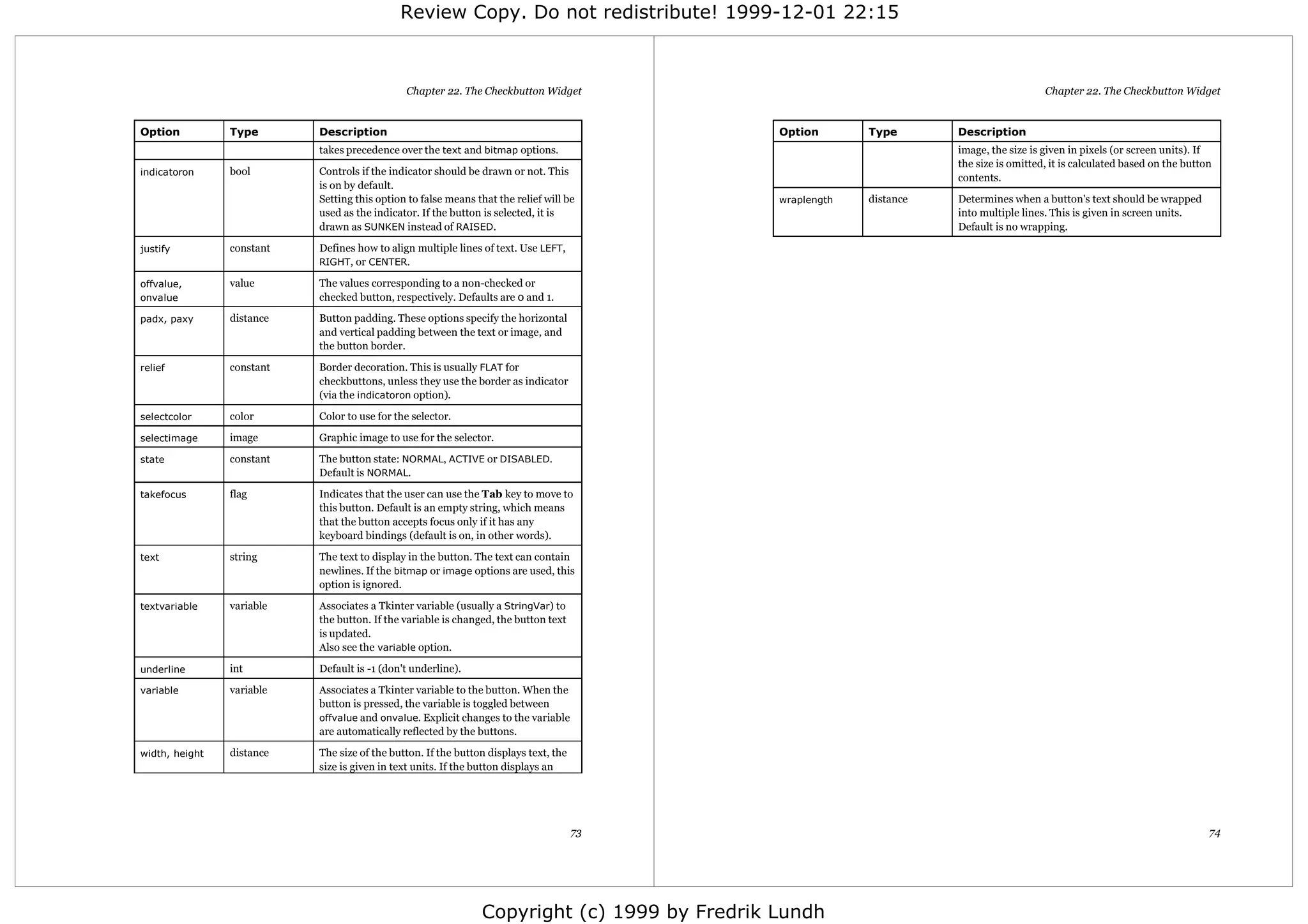 Review Copy. Do not redistribute! 1999-12-01 22:15



                                              Chapter 22. The Checkbutton Widget                                                        Chapter 22. The Checkbutton Widget


Option          Type       Description                                                       Option       Type       Description
                           takes precedence over the text and bitmap options.                                        image, the size is given in pixels (or screen units). If
                                                                                                                     the size is omitted, it is calculated based on the button
indicatoron     bool       Controls if the indicator should be drawn or not. This
                                                                                                                     contents.
                           is on by default.
                           Setting this option to false means that the relief will be        wraplength   distance   Determines when a button's text should be wrapped
                           used as the indicator. If the button is selected, it is                                   into multiple lines. This is given in screen units.
                           drawn as SUNKEN instead of RAISED.                                                        Default is no wrapping.

justify         constant   Defines how to align multiple lines of text. Use LEFT,
                           RIGHT, or CENTER.

offvalue,       value      The values corresponding to a non-checked or
onvalue                    checked button, respectively. Defaults are 0 and 1.

padx, paxy      distance   Button padding. These options specify the horizontal
                           and vertical padding between the text or image, and
                           the button border.

relief          constant   Border decoration. This is usually FLAT for
                           checkbuttons, unless they use the border as indicator
                           (via the indicatoron option).

selectcolor     color      Color to use for the selector.

selectimage     image      Graphic image to use for the selector.

state           constant   The button state: NORMAL, ACTIVE or DISABLED.
                           Default is NORMAL.

takefocus       flag       Indicates that the user can use the Tab key to move to
                           this button. Default is an empty string, which means
                           that the button accepts focus only if it has any
                           keyboard bindings (default is on, in other words).

text            string     The text to display in the button. The text can contain
                           newlines. If the bitmap or image options are used, this
                           option is ignored.

textvariable    variable   Associates a Tkinter variable (usually a StringVar) to
                           the button. If the variable is changed, the button text
                           is updated.
                           Also see the variable option.

underline       int        Default is -1 (don't underline).

variable        variable   Associates a Tkinter variable to the button. When the
                           button is pressed, the variable is toggled between
                           offvalue and onvalue. Explicit changes to the variable
                           are automatically reflected by the buttons.

width, height   distance   The size of the button. If the button displays text, the
                           size is given in text units. If the button displays an




                                                                                      73                                                                                     74




                                                               Copyright (c) 1999 by Fredrik Lundh
 