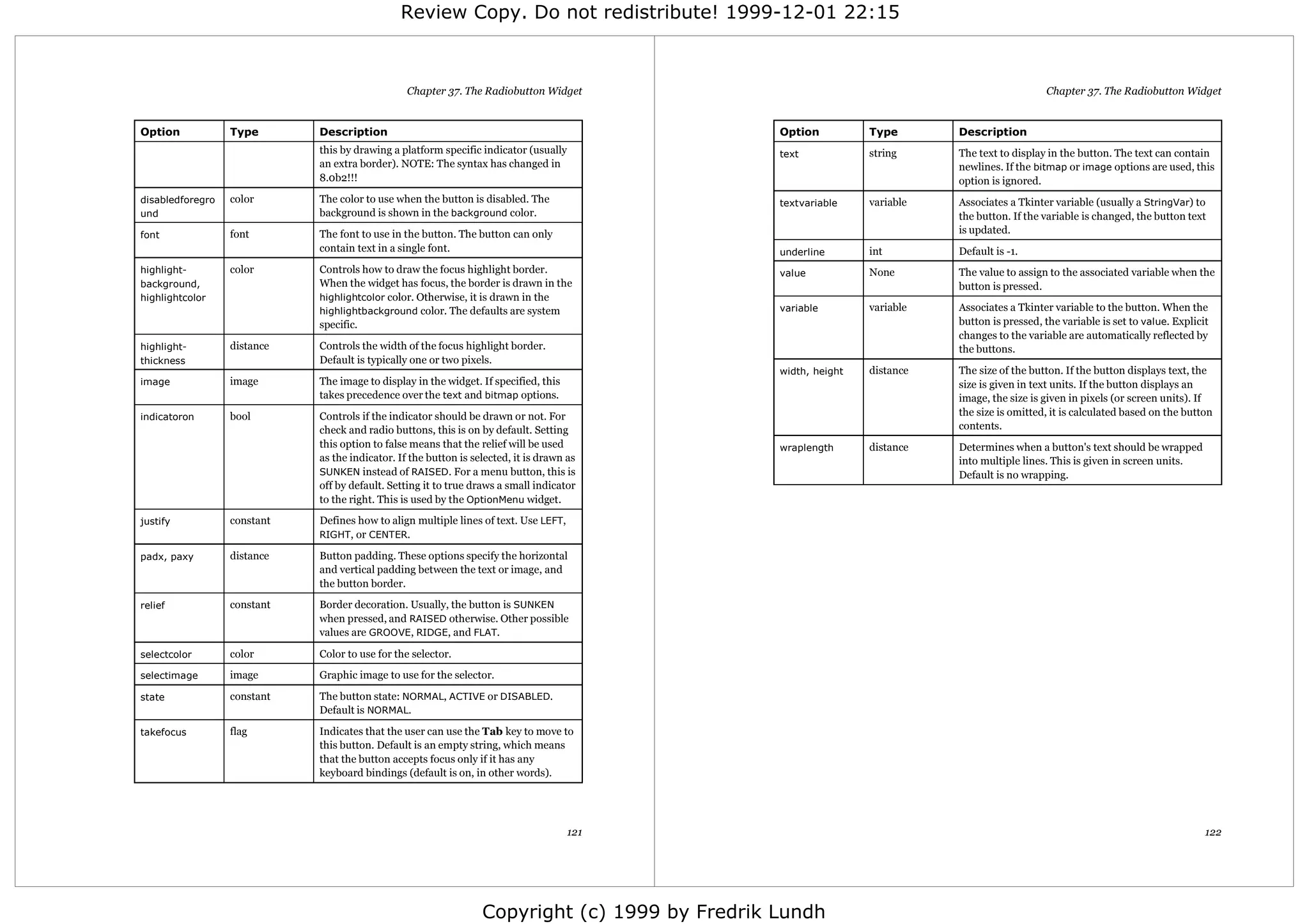 Review Copy. Do not redistribute! 1999-12-01 22:15



                                                 Chapter 37. The Radiobutton Widget                                                           Chapter 37. The Radiobutton Widget


Option            Type       Description                                                        Option          Type       Description
                             this by drawing a platform specific indicator (usually             text            string     The text to display in the button. The text can contain
                             an extra border). NOTE: The syntax has changed in                                             newlines. If the bitmap or image options are used, this
                             8.0b2!!!                                                                                      option is ignored.
disabledforegro   color      The color to use when the button is disabled. The                  textvariable    variable   Associates a Tkinter variable (usually a StringVar) to
und                          background is shown in the background color.                                                  the button. If the variable is changed, the button text
font              font       The font to use in the button. The button can only                                            is updated.
                             contain text in a single font.                                     underline       int        Default is -1.
highlight-        color      Controls how to draw the focus highlight border.                   value           None       The value to assign to the associated variable when the
background,                  When the widget has focus, the border is drawn in the                                         button is pressed.
highlightcolor               highlightcolor color. Otherwise, it is drawn in the
                             highlightbackground color. The defaults are system                 variable        variable   Associates a Tkinter variable to the button. When the
                             specific.                                                                                     button is pressed, the variable is set to value. Explicit
                                                                                                                           changes to the variable are automatically reflected by
highlight-        distance   Controls the width of the focus highlight border.                                             the buttons.
thickness                    Default is typically one or two pixels.
                                                                                                width, height   distance   The size of the button. If the button displays text, the
image             image      The image to display in the widget. If specified, this                                        size is given in text units. If the button displays an
                             takes precedence over the text and bitmap options.                                            image, the size is given in pixels (or screen units). If
indicatoron       bool       Controls if the indicator should be drawn or not. For                                         the size is omitted, it is calculated based on the button
                             check and radio buttons, this is on by default. Setting                                       contents.
                             this option to false means that the relief will be used            wraplength      distance   Determines when a button's text should be wrapped
                             as the indicator. If the button is selected, it is drawn as                                   into multiple lines. This is given in screen units.
                             SUNKEN instead of RAISED. For a menu button, this is                                          Default is no wrapping.
                             off by default. Setting it to true draws a small indicator
                             to the right. This is used by the OptionMenu widget.

justify           constant   Defines how to align multiple lines of text. Use LEFT,
                             RIGHT, or CENTER.

padx, paxy        distance   Button padding. These options specify the horizontal
                             and vertical padding between the text or image, and
                             the button border.

relief            constant   Border decoration. Usually, the button is SUNKEN
                             when pressed, and RAISED otherwise. Other possible
                             values are GROOVE, RIDGE, and FLAT.

selectcolor       color      Color to use for the selector.

selectimage       image      Graphic image to use for the selector.

state             constant   The button state: NORMAL, ACTIVE or DISABLED.
                             Default is NORMAL.

takefocus         flag       Indicates that the user can use the Tab key to move to
                             this button. Default is an empty string, which means
                             that the button accepts focus only if it has any
                             keyboard bindings (default is on, in other words).




                                                                                      121                                                                                          122




                                                                  Copyright (c) 1999 by Fredrik Lundh
 