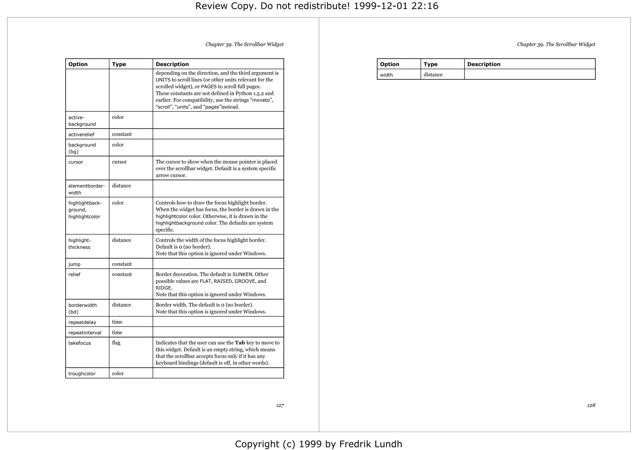Review Copy. Do not redistribute! 1999-12-01 22:16



                                                  Chapter 39. The Scrollbar Widget                                             Chapter 39. The Scrollbar Widget


Option           Type       Description                                                      Option   Type       Description
                            depending on the direction, and the third argument is            width    distance
                            UNITS to scroll lines (or other units relevant for the
                            scrolled widget), or PAGES to scroll full pages.
                            These constants are not defined in Python 1.5.2 and
                            earlier. For compatibility, use the strings “moveto”,
                            “scroll”, “units”, and “pages”instead.

active-          color
background

activerelief     constant

background       color
(bg)

cursor           cursor     The cursor to show when the mouse pointer is placed
                            over the scrollbar widget. Default is a system specific
                            arrow cursor.

elementborder-   distance
width

highlightback-   color      Controls how to draw the focus highlight border.
ground,                     When the widget has focus, the border is drawn in the
highlightcolor              highlightcolor color. Otherwise, it is drawn in the
                            highlightbackground color. The defaults are system
                            specific.

highlight-       distance   Controls the width of the focus highlight border.
thickness                   Default is 0 (no border).
                            Note that this option is ignored under Windows.

jump             constant

relief           constant   Border decoration. The default is SUNKEN. Other
                            possible values are FLAT, RAISED, GROOVE, and
                            RIDGE.
                            Note that this option is ignored under Windows.

borderwidth      distance   Border width. The default is 0 (no border).
(bd)                        Note that this option is ignored under Windows.

repeatdelay      time

repeatinterval   time

takefocus        flag       Indicates that the user can use the Tab key to move to
                            this widget. Default is an empty string, which means
                            that the scrollbar accepts focus only if it has any
                            keyboard bindings (default is off, in other words).

troughcolor      color




                                                                                  127                                                                      128




                                                               Copyright (c) 1999 by Fredrik Lundh
 