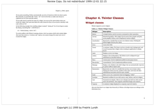 Review Copy. Do not redistribute! 1999-12-01 22:15



                                                                          Chapter 3. Hello, Again


(if you print something, Python automatically uses the str function to find out what to print.
But obviously, an operation like “name = ok” won't do the that, so make sure always to
explicitly use str if you need the name).                                                                Chapter 4. Tkinter Classes
If you really need to specify the name of a widget, you can use the name option when you
create the widget. One (and most likely the only) reason for this is if you need to interface with
code written in Tcl.
                                                                                                         Widget classes
In the following example, the resulting widget is named “.dialog.ok” (or, if you forgot to name              Tkinter supports 15 core widgets:
the dialog, something like “.1428748.ok”):
                                                                                                             Table 4-1. Tkinter Widget Classes
  ok = Button(dialog, name="ok")
                                                                                                              Widget              Description
To avoid conflicts with Tkinter's naming scheme, don't use names which only contain digits.
                                                                                                              Button              A simple button, used to execute a command or other operation.
Also note that name is a “creation only” option; you cannot change the name once you've
created the widget.                                                                                           Canvas              Structured graphics. This widget can be used to draw graphs and plots,
                                                                                                                                  create graphics editors, and to implement custom widgets.

                                                                                                              Checkbutton         Represents a variable that can have two distinct values. Clicking the
                                                                                                                                  button toggles between the values.

                                                                                                              Entry               A text entry field.

                                                                                                              Frame               A container widget. The frame can have a border and a background, and
                                                                                                                                  is used to group other widgets when creating an application or dialog
                                                                                                                                  layout.

                                                                                                              Label               Displays a text or an image.

                                                                                                              Listbox             Displays a list of alternatives. The listbox can be configured to get
                                                                                                                                  radiobutton or checklist behavior.

                                                                                                              Menu                A menu pane. Used to implement pulldown and popup menus.

                                                                                                              Menubutton          A menubutton. Used to implement pulldown menus.

                                                                                                              Message             Display a text. Similar to the label widget, but can automatically wrap text
                                                                                                                                  to a given width or aspect ratio.

                                                                                                              Radiobutton         Represents one value of a variable that can have one of many values.
                                                                                                                                  Clicking the button sets the variable to that value, and clears all other
                                                                                                                                  radiobuttons associated with the same variable.

                                                                                                              Scale               Allows you to set a numerical value by dragging a “slider”.

                                                                                                              Scrollbar           Standard scrollbars for use with canvas, entry, listbox, and text widgets.

                                                                                                              Text                Formatted text display. Allows you to display and edit text with various
                                                                                                                                  styles and attributes. Also supports embedded images and windows.

                                                                                                              Toplevel            A container widget displayed as a separate, top-level window.

                                                                                                             Also note that there's no widget class hierarchy in Tkinter; all widget classes are siblings in the
                                                                                                             inheritance tree.




                                                                                                     7                                                                                                           8




                                                                             Copyright (c) 1999 by Fredrik Lundh
 