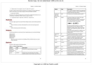Review Copy. Do not redistribute! 1999-12-01 22:15



                                                                    Chapter 11. The Button Widget                                                                 Chapter 11. The Button Widget


      b = Button(master, text=longtext, anchor=W, justify=LEFT, padx=2)
                                                                                                            Option           Type       Description
    To make an ordinary button look like it's held down, for example if you wish to implement a                                         NW, or CENTER. Default is CENTER. If you change this,
    toolbox of some kind, you can simply change the relief from RAISED to SUNKEN:                                                       it is probably a good idea to add some padding as well,
                                                                                                                                        using the padx and/or pady options.
      b.config(relief=SUNKEN)
                                                                                                            background       color      The button color. The default is platform specific.
    You might wish to change the background as well. Note that a possibly better solution is to use         (bg), fore-
    a Checkbutton or Radiobutton with the indicatoron option set to false:                                  ground (fg)

      b = Checkbutton(master, image=bold, variable=var, indicatoron=0)                                      bitmap           bitmap     The bitmap to display in the widget. If the image
                                                                                                                                        option is given, this option is ignored.
                                                                                                                                        The following bitmaps are available on all platforms:
Methods                                                                                                                                 error, gray75, gray50, gray25, gray12, hourglass,
                                                                                                                                        info, questhead, question, and warning.
    The Button widget supports the standard Tkinter Widget interface, plus the following methods:

    flash()
        Redraw the button several times, alternating between active and normal appearance.
                                                                                                                                        The following additional bitmaps are available on the
    invoke()                                                                                                                            Macintosh only: document, stationery, edition,
                                                                                                                                        application, accessory, folder, pfolder, trash, floppy,
        Call the command associated with the button.
                                                                                                                                        ramdisk, cdrom, preferences, querydoc, stop, note ,
                                                                                                                                        and caution.
Helpers                                                                                                                                 You can also load the bitmap from an XBM file. Just
                                                                                                                                        prefix the filename with an at-sign, for example
    The following methods are only relevant if you're implementing your own keyboard bindings.                                          “@sample.xbm”.

    tkButtonDown()                                                                                          borderwidth      int        The width of the button border. The default is
    tkButtonEnter()                                                                                         (bd)                        platform specific, but is usually 1 or 2 pixels.
    tkButtonInvoke()
                                                                                                            command          callback   A function or method that is called when the button is
    tkButtonLeave()
                                                                                                                                        pressed. The callback can be a function, bound
    tkButtonUp()
                                                                                                                                        method, or any other callable Python object.
        These can be used in customized event bindings. All these methods accept zero or more
        dummy arguments.                                                                                    cursor           cursor     The cursor to show when the mouse is moved over the
                                                                                                                                        button.

Options                                                                                                     default          constant   If set, the button is a default button. Tk will indicate
                                                                                                                                        this by drawing a platform specific indicator (usually
    The Button widget supports the following options:                                                                                   an extra border). NOTE: The syntax has changed in
                                                                                                                                        8.0b2!!!
    Table 11-1. Button Widget Options
                                                                                                            disabledfore-    color      The color to use when the button is disabled. The
     Option             Type               Description                                                      ground                      background is shown in the background color.

     activeback-        color              The color to use when the button is activated.                   font             font       The font to use in the button. The button can only
     ground, active-                                                                                                                    contain text in a single font.
     foreground
                                                                                                            highlightback-   color      Controls how to draw the focus highlight border.
     anchor             constant           Controls where in the button the text (or image)                 ground, high-               When the widget has focus, the border is drawn in the
                                           should be located. Use one of N, NE, E, SE, S, SW, W,            lightcolor                  highlightcolor color. Otherwise, it is drawn in the
                                                                                                                                        highlightbackground color. The defaults are system




                                                                                                   41                                                                                              42




                                                                              Copyright (c) 1999 by Fredrik Lundh
 