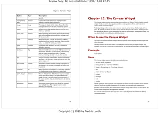 Review Copy. Do not redistribute! 1999-12-01 22:15



                                                       Chapter 11. The Button Widget


Option            Type       Description
                             specific.
                                                                                            Chapter 12. The Canvas Widget
highlightthick-   distance   Controls the width of the focus highlight border.
ness                         Default is typically one or two pixels.                                The Canvas widget provides structured graphics facilities for Tkinter. This is a highly versatile
                                                                                                    widget which are used to draw graphs and plots, create graphics editors, and implement
image             image      The image to display in the widget. If specified, this                 various kinds of custom widgets.
                             takes precedence over the text and bitmap options.
                                                                                                    To display things on the canvas, you create one or more canvas items, which are placed in a
justify           constant   Defines how to align multiple lines of text. Use LEFT,                 stack. By default, new items are drawn on top of items already on the canvas. Tkinter provides
                             RIGHT, or CENTER.                                                      lots of methods allowing you to manipulate the items in various ways. Among other things, you
padx, pady        distance   Button padding. These options specify the horizontal                   can attach (bind) event callbacks to individual items.
                             and vertical padding between the text or image, and
                             the button border.                                             When to use the Canvas Widget
relief            constant   Border decoration. Usually, the button is SUNKEN
                                                                                                    The canvas is a general purpose widget, which is typically used to display and edit graphs and
                             when pressed, and RAISED otherwise. Other possible
                                                                                                    other drawings.
                             values are GROOVE, RIDGE, and FLAT.
                                                                                                    Another common use for this widget is to implement various kinds of custom widgets. For
state             constant   The button state: NORMAL, ACTIVE or DISABLED.
                                                                                                    example, you can use a canvas as a completion bar, by drawing and updating a rectangle object.
                             Default is NORMAL.

takefocus         flag       Indicates that the user can use the Tab key to move to
                             this button. Default is an empty string, which means
                                                                                            Concepts
                             that the button accepts focus only if it has any                       To be added.
                             keyboard bindings (default is on, in other words).

text              string     The text to display in the button. The text can contain        Items
                             newlines. If the bitmap or image options are used, this
                                                                                                    The Canvas widget supports the following standard items:
                             option is ignored.
                                                                                                    •   arc (arc, chord, or pieslice)
textvariable      variable   Associates a Tkinter variable (usually a StringVar) to
                             the button. If the variable is changed, the button text                •   bitmap (built-in or read from XBM file)
                             is updated.                                                            •   image (a BitmapImage or PhotoImage instance)
underline         int        Which character to underline, in a text label. Default is              •   line
                             -1, which means that no character is underlined.                       •   oval (a circle or an ellipse)
width, height     distance   The size of the button. If the button displays text, the               •   polygon
                             size is given in text units. If the button displays an
                                                                                                    •   rectangle
                             image, the size is given in pixels (or screen units). If
                             the size is omitted, it is calculated based on the button              •   text
                             contents.                                                              •   window
wraplength        distance   Determines when a button's text should be wrapped                      Chords, pieslices, ovals, polygons, and rectangles are drawn as both an outline and an interior,
                             into multiple lines. This is given in screen units.                    either of which can be made transparent (if you insist, you can make both transparent).
                             Default is no wrapping.
                                                                                                    Window items are used to place other Tkinter widgets on top of the canvas; for these items, the
                                                                                                    Canvas widget simply acts like a geometry manager.
                                                                                                    You can also write your own item types in C or C++ and plug them into Tkinter via Python
                                                                                                    extension modules.




                                                                                       43                                                                                                          44




                                                                 Copyright (c) 1999 by Fredrik Lundh
 