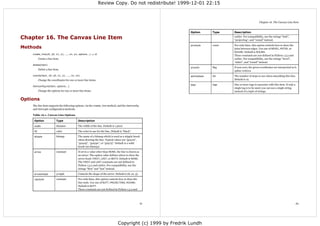 Review Copy. Do not redistribute! 1999-12-01 22:15



                                                                                                                                                              Chapter 16. The Canvas Line Item


                                                                                                                 Option        Type    Description

Chapter 16. The Canvas Line Item                                                                                                       earlier. For compatibility, use the strings “butt”,
                                                                                                                                       “projecting”, and “round” instead.

                                                                                                                 joinstyle     const   For wide lines, this option controls how to draw the
Methods                                                                                                                                joins between edges. Use one of BEVEL, MITER, or
                                                                                                                                       ROUND. Default is ROUND.
    create_line(x0, y0, x1, y1, ..., xn, yn, options...) ⇒ id
                                                                                                                                       These constants are not defined in Python 1.5.2 and
            Create a line item.                                                                                                        earlier. For compatibility, use the strings “bevel”,
                                                                                                                                       “miter”, and “round” instead.
    delete(item)
                                                                                                                 smooth        flag    If non-zero, the given coordinates are interpreted as b-
            Delete a line item.
                                                                                                                                       spline vertices.
    coords(item, x0, y0, x1, y1, ..., xn, yn)                                                                    splinesteps   int     The number of steps to use when smoothing this line.
            Change the coordinates for one or more line items.                                                                         Default is 12.

                                                                                                                 tags          tags    One or more tags to associate with this item. If only a
    itemconfigure(item, options...)
                                                                                                                                       single tag is to be used, you can use a single string
            Change the options for one or more line items.                                                                             instead of a tuple of strings.


Options
    The line item supports the following options, via the create_line method, and the itemconfig
    and itemcget configuration methods.

    Table 16-1. Canvas Line Options

     Option                 Type              Description

     width                  distance          The width of the line. Default is 1 pixel.

     fill                   color             The color to use for the line. Default is “black”.

     stipple                bitmap            The name of a bitmap which is used as a stipple brush
                                              when drawing the line. Typical values are “gray12”,
                                              “gray25”, “gray50”, or “gray75”. Default is a solid
                                              brush (no bitmap).

     arrow                  constant          If set to a value other than NONE, the line is drawn as
                                              an arrow. The option value defines where to draw the
                                              arrow head: FIRST, LAST, or BOTH. Default is NONE.
                                              The FIRST and LAST constants are not defined in
                                              Python 1.5.2 and earlier. For compatibility, use the
                                              strings “first” and “last” instead.

     arrowshape             3-tuple           Controls the shape of the arrow. Default is (8, 10, 3).

     capstyle               constant          For wide lines, this option controls how to draw the
                                              line ends. Use one of BUTT, PROJECTING, ROUND.
                                              Default is BUTT.
                                              These constants are not defined in Python 1.5.2 and




                                                                                                        61                                                                                       62




                                                                                   Copyright (c) 1999 by Fredrik Lundh
 
