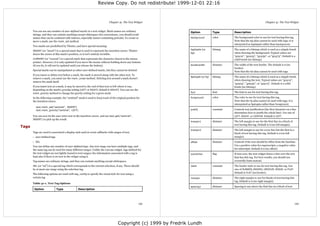 Review Copy. Do not redistribute! 1999-12-01 22:16



                                                                              Chapter 41. The Text Widget                                                                      Chapter 41. The Text Widget


       You can use any number of user-defined marks in a text widget. Mark names are ordinary                      Option              Type       Description
       strings, and they can contain anything except whitespace (for convenience, you should avoid
       names that can be confused with indexes, especially names containing periods). To create or                 background          color      The background color to use for text having this tag.
       move a mark, use the mark_set method.                                                                                                      Note that the bg alias cannot be used with tags; it is
                                                                                                                                                  interpreted as bgstipple rather than background.
       Two marks are predefined by Tkinter, and have special meaning:
                                                                                                                   bgstipple (or       bitmap     The name of a bitmap which is used as a stipple brush
       INSERT (or “insert”) is a special mark that is used to represent the insertion cursor. Tkinter
                                                                                                                   bg)                            when drawing the background. Typical values are
       draws the cursor at this mark's position, so it isn't entirely invisible.
                                                                                                                                                  “gray12”, “gray25”, “gray50”, or “gray75”. Default is a
       CURRENT (or “current”) is a special mark that represents the character closest to the mouse                                                solid brush (no bitmap).
       pointer. However, it is only updated if you move the mouse without holding down any buttons
       (if you do, it will not be updated until you release the button).                                           borderwidth         distance   The width of the text border. The default is 0 (no
                                                                                                                                                  border).
       Special marks can be manipulated as other user-defined marks, but they cannot be deleted.
                                                                                                                                                  Note that the bd alias cannot be used with tags.
       If you insert or delete text before a mark, the mark is moved along with the other text. To
                                                                                                                   fgstipple (or fg)   bitmap     The name of a bitmap which is used as a stipple brush
       remove a mark, you must use the mark_unset method. Deleting text around a mark doesn't
                                                                                                                                                  when drawing the text. Typical values are “gray12”,
       remove the mark itself.
                                                                                                                                                  “gray25”, “gray50”, or “gray75”. Default is a solid
       If you insert text at a mark, it may be moved to the end of that text or left where it was,                                                brush (no bitmap).
       depending on the mark's gravity setting (LEFT or RIGHT; default is RIGHT). You can use the
       mark_gravity method to change the gravity setting for a given mark.                                         font                font       The font to use for text having this tag.

       In the following example, the “sentinel” mark is used to keep track of the original position for            foreground          color      The color to use for text having this tag.
       the insertion cursor.                                                                                                                      Note that the fg alias cannot be used with tags; it is
                                                                                                                                                  interpreted as fgstipple rather than foreground.
            text.mark_set("sentinel", INSERT)
            text.mark_gravity("sentinel", LEFT)                                                                    justify             constant   Controls text justification (the first character on a line
                                                                                                                                                  determines how to justify the whole line). Use one of
       You can now let the user enter text at the insertion cursor, and use text.get("sentinel",                                                  LEFT, RIGHT, or CENTER. Default is LEFT.
       INSERT) to pick up the result.
                                                                                                                   lmargin1            distance   The left margin to use for the first line in a block of
                                                                                                                                                  text having this tag. Default is 0 (no left margin).
Tags
                                                                                                                   lmargin2            distance   The left margin to use for every line but the first in a
       Tags are used to associated a display style and/or event callbacks with ranges of text.                                                    block of text having this tag. Default is 0 (no left
       •   user-defined tags                                                                                                                      margin).
       • SEL                                                                                                       offset              distance   Controls if the text should be offset from the baseline.
       You can define any number of user-defined tags. Any text range can have multiple tags, and                                                 Use a positive value for superscripts, a negative value
       the same tag can be used for many different ranges. Unlike the Canvas widget, tags defined for                                             for subscripts. Default is 0 (no offset).
       the text widget are not tightly bound to text ranges; the information associated with a tag is              overstrike          flag       If non-zero, the text widget draws a line over the text
       kept also if there is no text in the widget using it.                                                                                      that has this tag. For best results, you should use
       Tag names are ordinary strings, and they can contain anything except whitespace.                                                           overstrike fonts instead.

       SEL (or “sel”) is a special tag which corresponds to the current selection, if any. There should            relief              constant   The border style to use for text having this tag. Use
       be at most one range using the selection tag.                                                                                              one of SUNKEN, RAISED, GROOVE, RIDGE, or FLAT.
                                                                                                                                                  Default is FLAT (no border).
       The following options are used with tag_config to specify the visual style for text using a
       certain tag.                                                                                                rmargin             distance   The right margin to use for blocks of text having this
                                                                                                                                                  tag. Default is 0 (no right margin).
       Table 41-1. Text Tag Options
                                                                                                                   spacing1            distance   Spacing to use above the first line in a block of text
           Option              Type              Description




                                                                                                        133                                                                                                  134




                                                                                     Copyright (c) 1999 by Fredrik Lundh
 