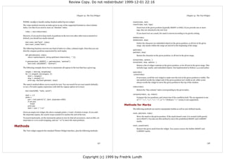 Review Copy. Do not redistribute! 1999-12-01 22:16



                                                                         Chapter 41. The Text Widget                                                                                   Chapter 41. The Text Widget


    FIXME: modify to handle ending linefeed added by text widget                                                  insert(index, text)
    The index method converts an index given in any of the supported formats to a line/column                     insert(index, text, tags)
    index. Use this if you need to store an “absolute” index.                                                         Insert text at the given position (typically INSERT or END). If you provide one or more
                                                                                                                      tags, they are attached to the new text.
      index = text.index(index)
                                                                                                                      If you insert text on a mark, the mark is moved according to its gravity setting.
    However, if you need to keep track of positions in the text even after other text is inserted or
    deleted, you should use marks instead.                                                                        delete(index)
                                                                                                                  delete(start, stop)
      text.mark_set("here", index)
                                                                                                                      Delete the character (or embedded object) at the given position, or all text in the given
      text.mark_unset("here")
                                                                                                                      range. Any marks within the range are moved to the beginning of the range.
    The following function converts any kind of index to a (line, column)-tuple. Note that you can
                                                                                                                  get(index)
    directly compare positions represented by such tuples.
                                                                                                                  get(start, stop)
      def getindex(text, index):                                                                                      Return the character at the given position, or all text in the given range.
         return tuple(map(int, string.split(text.index(index), ".")))
                                                                                                                  dump(index, options...)
      if getindex(text, INSERT) < getindex(text, "sentinel"):                                                     dump(start, stop, options...)
          text.mark_set(INSERT, "sentinel")
                                                                                                                      Return a list of widget contents at the given position, or for all text in the given range. This
    The following example shows how to enumerate all regions in the text that has a given tag.                        includes tags, marks, and embedded objects. Not implemented in Python 1.5.2 and earlier.

      ranges = text.tag_ranges(tag)                                                                               see(index)
      for i in range(0, len(ranges), 2):                                                                           yview(index)
         start = ranges[i]
         stop = ranges[i+1]                                                                                           If necessary, scroll the text widget to make sure the text at the given position is visible. The
         print tag, repr(text.get(start, stop))                                                                       see method scrolls the widget only if the given position isn't visible at all, while yview
                                                                                                                      always scrolls the widget to move the given position to the top of the window.
    The search method allows you to search for text. You can search for an exact match (default),
    or use a Tcl-style regular expression (call with the regexp option set to true).                              index(index)
                                                                                                                      Return the “line.column” index corresponding to the given index.
      text.insert(END, "hello, world")

                                                                                                                  compare(index1, op, index2)
      start = 1.0
      while 1:                                                                                                        Compare the two positions, and return true if the condition held. The op argument is one
         pos = text.search("o", start, stopindex=END)                                                                 of "<", "<=", "==", ">=", ">", or "!=" (Python's "<>" syntax is not supported).
         if not pos:
             break
         print pos
                                                                                                             Methods for Marks
         start = pos + "+1c"
                                                                                                                  The following methods are used to manipulate builtin as well as user-defined marks.
    Given an empty text widget, the above example prints 1.4 and 1.8 before it stops. If you omit
                                                                                                                  mark_set(mark, index)
    the stopindex option, the search wraps around if it reaches the end of the text.
                                                                                                                      Move the mark to the given position. If the mark doesn't exist, it is created (with gravity
    To search backwards, set the backwards option to true (to find all occurences, start at END, set
                                                                                                                      set to RIGHT). You also use this method to move the predefined INSERT and CURRENT
    stopindex to 1.0 to avoid wrapping, and use "-1c" to move the start position).
                                                                                                                      marks.

Methods                                                                                                           mark_unset(mark)
                                                                                                                      Remove the given mark from the widget. You cannot remove the builtin INSERT and
    The Text widget supports the standard Tkinter Widget interface, plus the following methods:                       CURRENT marks.




                                                                                                       137                                                                                                        138




                                                                                 Copyright (c) 1999 by Fredrik Lundh
 