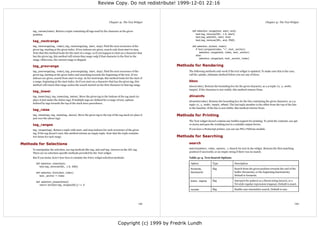 Review Copy. Do not redistribute! 1999-12-01 22:16



                                                                           Chapter 41. The Text Widget                                                                                   Chapter 41. The Text Widget


     tag_names(index). Return a tuple containing all tags used by the character at the given                      def selection_range(text, start, end):
     position.                                                                                                       text.tag_remove(SEL, 1.0, start)
                                                                                                                     text.tag_add(SEL, start, end)
     tag_nextrange                                                                                                   text.tag_remove(SEL, end, END)

     tag_nextrange(tag, index), tag_nextrange(tag, start, stop). Find the next occurence of the                   def selection_to(text, index):
     given tag, starting at the given index. If two indexes are given, search only from start to stop.               if text.compare(index, "<", text._anchor):
     Note that this method looks for the start of a range, so if you happen to start on a character that                 selection_range(text, index, text._anchor)
     has the given tag, this method will return that range only if that character is the first in the                else:
                                                                                                                         selection_range(text, text._anchor, index)
     range. Otherwise, the current range is skipped.

     tag_prevrange                                                                                         Methods for Rendering
     tag_prevrange(tag, index), tag_prevrange(tag, start, stop). Find the next occurence of the                 The following methods only work if the text widget is updated. To make sure this is the case,
     given tag, starting at the given index and searching towards the beginning of the text. If two             call the update_idletasks method before you use any of these.
     indexes are given, search from start to stop. As for nextrange, this method looks for the start of
     a range, beginning at the start index. So if you start on a character that has the given tag, this         bbox
     method will return that range unless the search started on the first character in that tag range.          bbox(index). Returns the bounding box for the given character, as a 4-tuple: (x, y, width,
                                                                                                                height). If the character is not visible, this method returns None.
     tag_lower
     tag_lower(tag), tag_lower(tag, below). Move the given tag to the bottom of the tag stack (or               dlineinfo
     place it just under the below tag). If multiple tags are defined for a range of text, options
                                                                                                                dlineinfo(index). Returns the bounding box for the line containing the given character, as a 5-
     defined by tags towards the top of the stack have precedence.
                                                                                                                tuple: (x, y, width, height, offset). The last tuple member is the offset from the top of the line
                                                                                                                to the baseline. If the line is not visible, this method returns None.
     tag_raise
     tag_raise(tag), tag_raise(tag, above). Move the given tag to the top of the tag stack (or place it    Methods for Printing
     just over the above tag).
                                                                                                                The Text widget doesn't contain any builtin support for printing. To print the contents, use get
     tag_ranges                                                                                                 or dump and pass the resulting text to a suitable output device.

     tag_ranges(tag). Return a tuple with start- and stop-indexes for each occurence of the given               If you have a Postscript printer, you can use PIL's PSDraw module.
     tag. If the tag doesn't exist, this method returns an empty tuple. Note that the tuple contains
     two items for each range.                                                                             Methods for Searching

Methods for Selections                                                                                          search
                                                                                                                search(pattern, index, options...). Search for text in the widget. Returns the first matching
     To manipulate the selection, use tag methods like tag_add and tag_remove on the SEL tag.
     There are no selection-specific methods provided by the Text widget.                                       position if successful, or an empty string if there was no match.

     But if you insist, here's how how to emulate the Entry widget selection methods:                           Table 41-4. Text Search Options

       def selection_clear(text):                                                                                Option              Type                Description
          text.tag_remove(SEL, 1.0, END)
                                                                                                                 forwards,           flag                Search from the given position towards the end of the
       def selection_from(text, index):                                                                          backwards                               buffer (forwards), or the beginning (backwards).
          text._anchor = index                                                                                                                           Default is forwards.

       def selection_present(text):                                                                              exact, regexp       flag                Interpret the pattern as a literal string (exact), or a
          return len(text.tag_ranges(SEL)) != 0                                                                                                          Tcl-style regular expression (regexp). Default is exact.

                                                                                                                 nocase              flag                Enable case-insensitive search. Default is case




                                                                                                     143                                                                                                        144




                                                                                   Copyright (c) 1999 by Fredrik Lundh
 