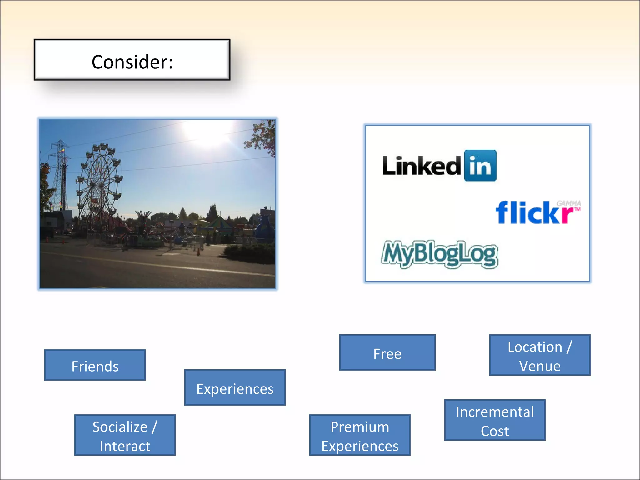 Friends Experiences Free Premium Experiences Location / Venue Incremental Cost Socialize / Interact The Same Model? Consider: 