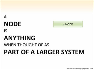 A NODE IS ANYTHING WHEN THOUGHT OF AS PART OF A LARGER SYSTEM Source: visuallanguageproject.com a  NODE 