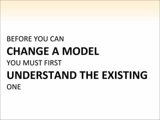 BEFORE YOU CAN CHANGE A MODEL YOU MUST FIRST UNDERSTAND THE EXISTING ONE 