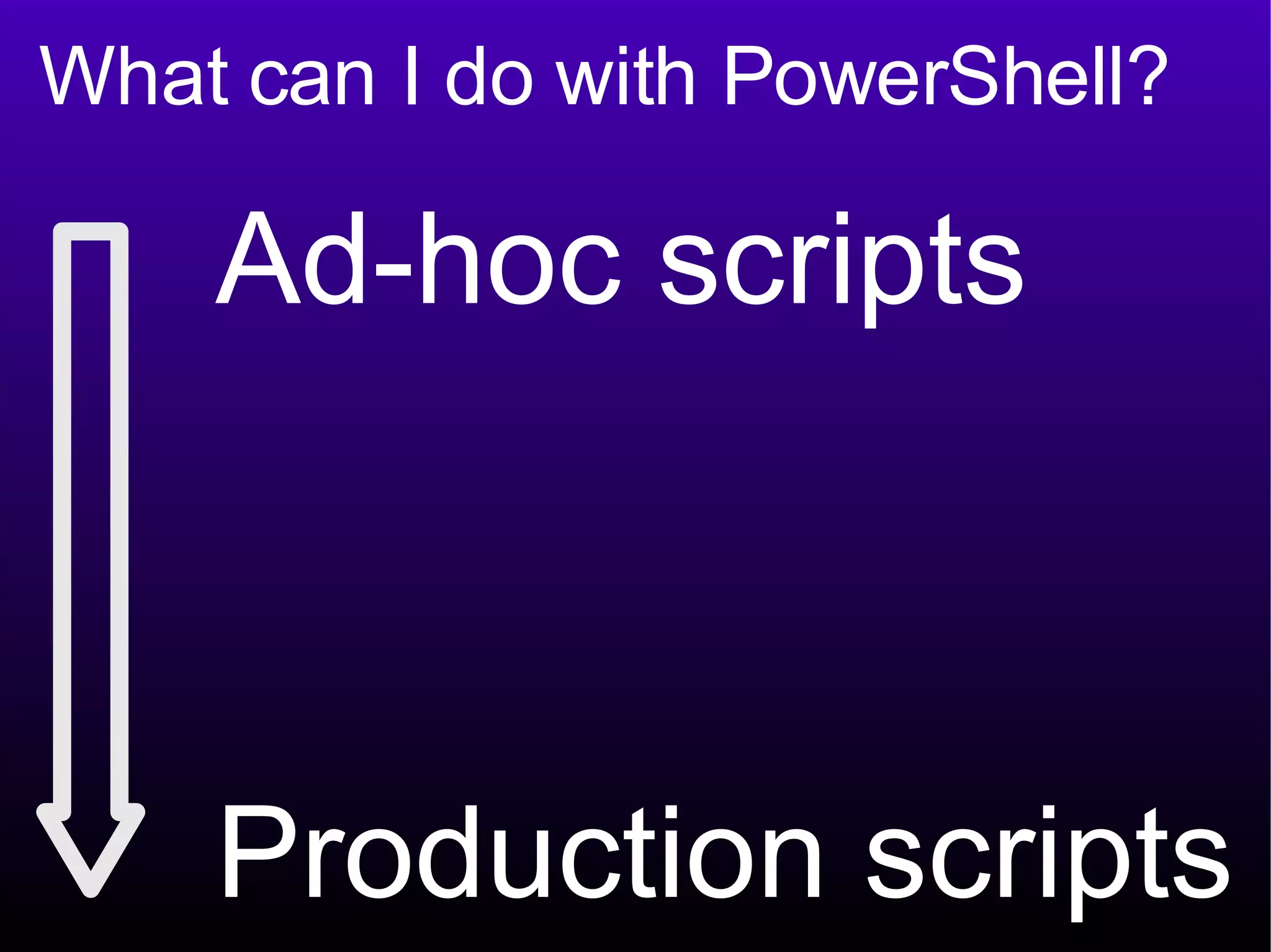What can I do with PowerShell? Ad-hoc scripts Production scripts 