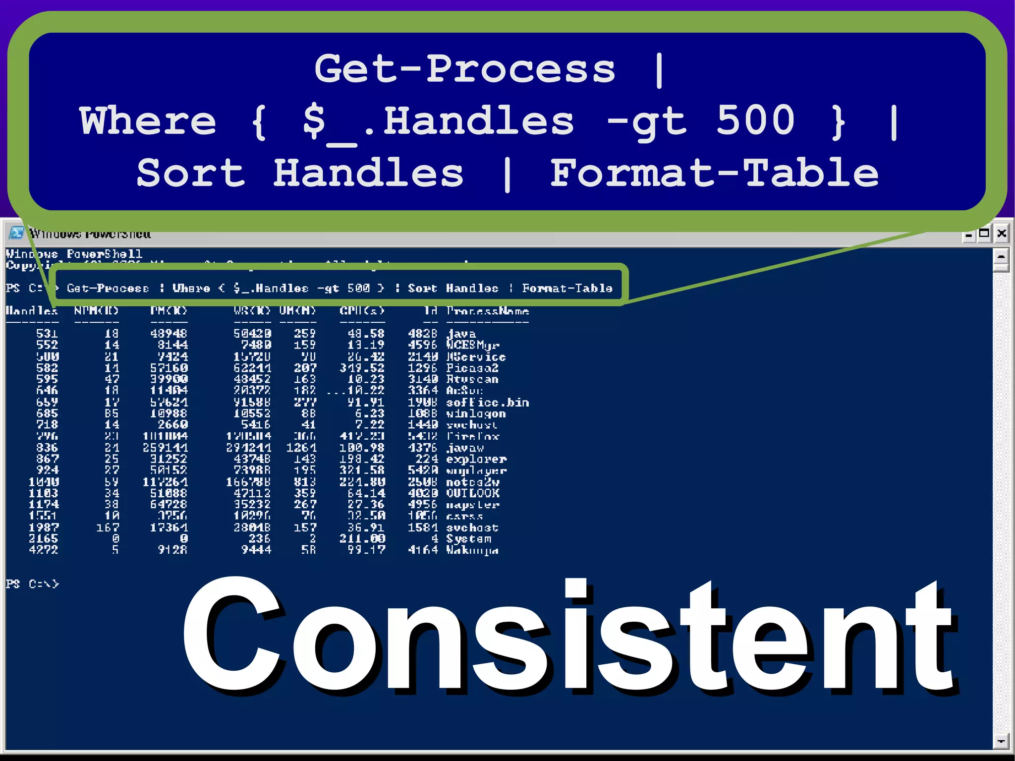 Consistent Get-Process |  Where { $_.Handles -gt 500 } |  Sort Handles | Format-Table 