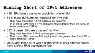 #apnic46 46
Running Short of IPv4 Addresses
• 418 ISPs have a customer population of over 1M
• 81 of these ISPS are not ‘stressed’ for IPv4 yet:
– They have more than 1 IPv4 address per customer
– 31 of these ISPs have a IPv6 deployment rate greater than 5% (38% of
these ‘unstressed’ ISPs)
• 337 of these ISPs are ‘stressed’ for IPv4:
– They have less than 1 IPv4 address per customer
– 80 of these ISPs have an IPv6 deployment rate greater than 5% (23% of
these ‘stressed’ ISPs)
• Unusually, those ISPs with a higher level of IPv4 address stress
have a lower IPv6 deployment rate
 