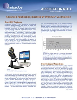 APPLICATION NOTE    apps@omniprobe.com



  Advanced Applications Enabled By OmniGIS® Gas Injection

OmniGIS® Features
Omniprobe’s OmniGIS® (Fig 1) is designed with enabling             gas, liquid and solid precursors for the broadest selection of
features to extend capability and results for typical gas          precursor materials. A closed-loop linear translation drive with
processes within SEMs and FIBs in a manner not previously          encoder feedback allows smooth and rapid adjustments of the
achievable, and in doing so, opens up new opportunities for        needle height, stored locations for optimum deposition rates
in situ experiments within FIB and SEM instruments. One            and eliminates the vibrations that pneumatic insertion and
of the OmniGIS® key features includes three precursor              retraction cause, thus allowing nanomanipulated tips to stay in
gases delivered with a single needle. This approach allows         place near the sample surface.
mixing gases prior to their impinging the substrate (useful, for
example, for ﬂowing water with Pt to improve resistivity1 and
ensures all gases occupy the same optimized port location
for operations using a single gas or applying alternate gases
in rapid succession). Another key feature is the capability to
pulse the delivery valve, so the user has the option of running                      t-butoxide
with the valve full open (100% duty cycle), or at a minimum                                          water
duty cycle required to achieve the end result, thereby reducing
overspray.




                                                                      Figure 2
                                                                      The OmniGIS® software allows one to build recipes for sequential
                                                                      alternating cycles of gases. In this pressure ﬂuctuation timeline,
                                                                      during the GIS-ALD testing on aluminum tert-butoxide, the periods
                                                                      associated with the tert-butoxide and water cycles are evident.
                                                                      The individual pulses observed (6 for tert-butoxide and 3 for H2O)
                                                                      are determined by the duty cycle in the GIS recipe.



                                                                   Atomic Layer Deposition
                                                                   Several applications are uniquely enabled by the combined
                                                                   hardware and software features of the OmniGIS®. One of these
                                                                   is atomic layer deposition (ALD). The semiconductor industry
    Figure 1                                                       has held tremendous interest in ALD technology for CMOS
    The OmniGIS® multiple gas injection system                     high-k gate dielectrics, as well as DRAM capacitors and non-Si
                                                                   device gate dielectrics. ALD is becoming the method of choice
The OmniGIS® has two inert gas inlets that provide for inert       for other industries also, driven in large part by the demands of
gases to be operated as source gases or as carrier gases to        nanotechnology. The OmniGIS® software interface provides a
assist transport of the precursor to the delivery site. These      mechanism for building recipes that can sequentially alternate
also act as purge gases that automatically clean the lines using   multiple cycles of gases (Fig. 2). Sequential cycling of precursors
a unique algorithm, determined by the phase of the source.         with precise ﬂow control and carrier gas mixing is exactly what
The precursor temperatures can be adjusted from 0 to 40° C to      is required to enable epitaxial-type depositions such as ALD
achieve a working vapor pressure that does not have deleterious    in a FIB-SEM environment (GIS-ALD). To prove the concept,
effects on the chamber vacuum. Pressure feedback control           ALD using the OmniGIS® was performed on carbon nanotubes
within the OmniGIS® itself ensures consistent and repeatable       (CNTs)2. The work of Farmer and Gordon3 showed that ALD
operation. The precursor crucible design is compatible with        coating of CNTs was not possible without ﬁrst “initializing”
                                                                   the surface by room temperature pretreatment with repeated
                                                                                                                           (continued)




                                   AN-GIS-052411 © 2011 Omniprobe, Inc. All Rights Reserved
 