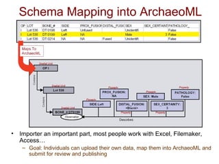 Schema Mapping into ArchaeoML Importer an important part, most people work with Excel, Filemaker, Access…  Goal: Individuals can upload their own data, map them into ArchaeoML and submit for review and publishing 