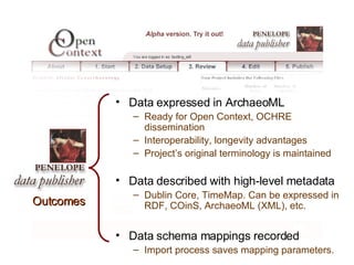 Data expressed in ArchaeoML Ready for Open Context, OCHRE dissemination Interoperability, longevity advantages Project’s original terminology is maintained Data described with high-level metadata Dublin Core, TimeMap. Can be expressed in RDF, COinS, ArchaeoML (XML), etc. Data schema mappings recorded Import process saves mapping parameters. Internet Archive Accession Outcomes 