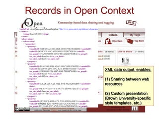 Records in Open Context XML data output, enables: (1) Sharing between web resources (2) Custom presentation (Brown University-specific style templates, etc.) 