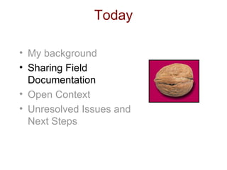 Today My background Sharing Field Documentation Open Context Unresolved Issues and Next Steps 