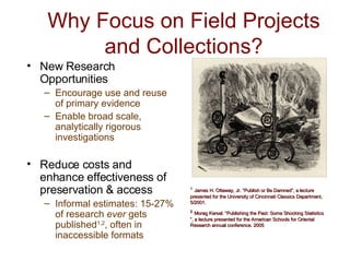Why Focus on Field Projects and Collections? New Research Opportunities Encourage use and reuse of primary evidence Enable broad scale, analytically rigorous investigations Reduce costs and enhance effectiveness of preservation & access Informal estimates: 15-27% of research  ever  gets published 1,2 , often in inaccessible formats 1   James H. Ottaway, Jr. “Publish or Be Damned”, a lecture presented for the University of Cincinnati Classics Department, 5/2001.  2   Morag Kersel. “Publishing the Past: Some Shocking Statistics ”, a lecture presented for the American Schools for Oriental Research annual conference. 2005  