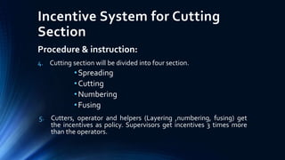Incentive System for Cutting
Section
Procedure & instruction:
4. Cutting section will be divided into four section.
•Spreading
•Cutting
•Numbering
•Fusing
5. Cutters, operator and helpers (Layering ,numbering, fusing) get
the incentives as policy. Supervisors get incentives 3 times more
than the operators.
 