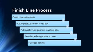 Finish Line Process
Quality inspection (1st)
Putting reject garment in red box.
Putting alterable garment in yellow box.
Pass the perfect garment to next.
Full body ironing
 