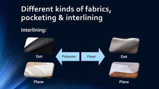 Different kinds of fabrics,
pocketing & interlining
Interlining:
Dot
Plane
Dot
Plane
Polyester Paper
 