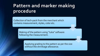 Pattern and marker making
procedure
Collection of tech-pack from the merchant which
contains measurement, styles, color etc.
Making of the pattern using “tuka” software
following the measurement.
Applying grading to the pattern as per the size
without the shrinkage allowance.
 