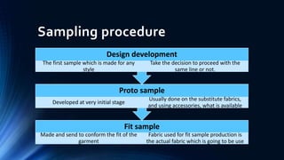 Sampling procedure
Fit sample
Made and send to conform the fit of the
garment
Fabric used for fit sample production is
the actual fabric which is going to be use
Proto sample
Developed at very initial stage
Usually done on the substitute fabrics,
and using accessories, what is available
Design development
The first sample which is made for any
style
Take the decision to proceed with the
same line or not.
 