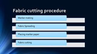 Fabric cutting procedure
Marker making
Fabric Spreading
Placing marker paper
Fabric cutting
 