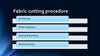 Fabric cutting procedure
Numbering
Panel inspection
Sorting & Bundling
Send to sewing
 