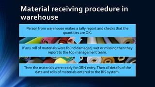 Material receiving procedure in
warehouse
Then the materials were ready for GRN entry.Then all details of the
data and rolls of materials entered to the BIS system.
If any roll of materials were found damaged, wet or missing then they
report to the top management team.
Person from warehouse makes a tally report and checks that the
quantities are OK.
 