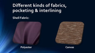Different kinds of fabrics,
pocketing & interlining
Shell Fabric:
Polyester Canvas
 