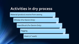 Activities in dry process
Material (product) receive from sewing
Whisker (For Denim Only)
Hand Brush (For Denim Only)
Tagging
Wash (1st wash)
 