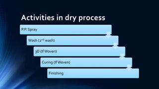Activities in dry process
P.P. Spray
Wash (2nd wash)
3D (IfWoven)
Curing (IfWoven)
Finishing
 