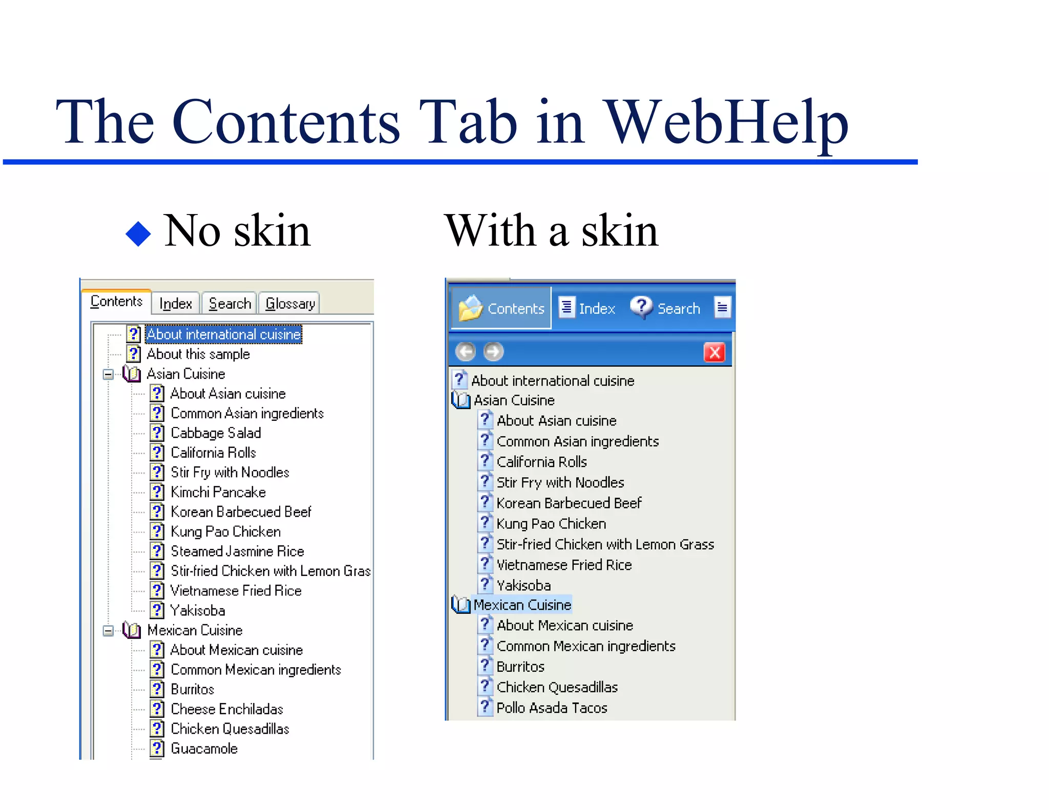 The Contents Tab in WebHelp No skin With a skin 