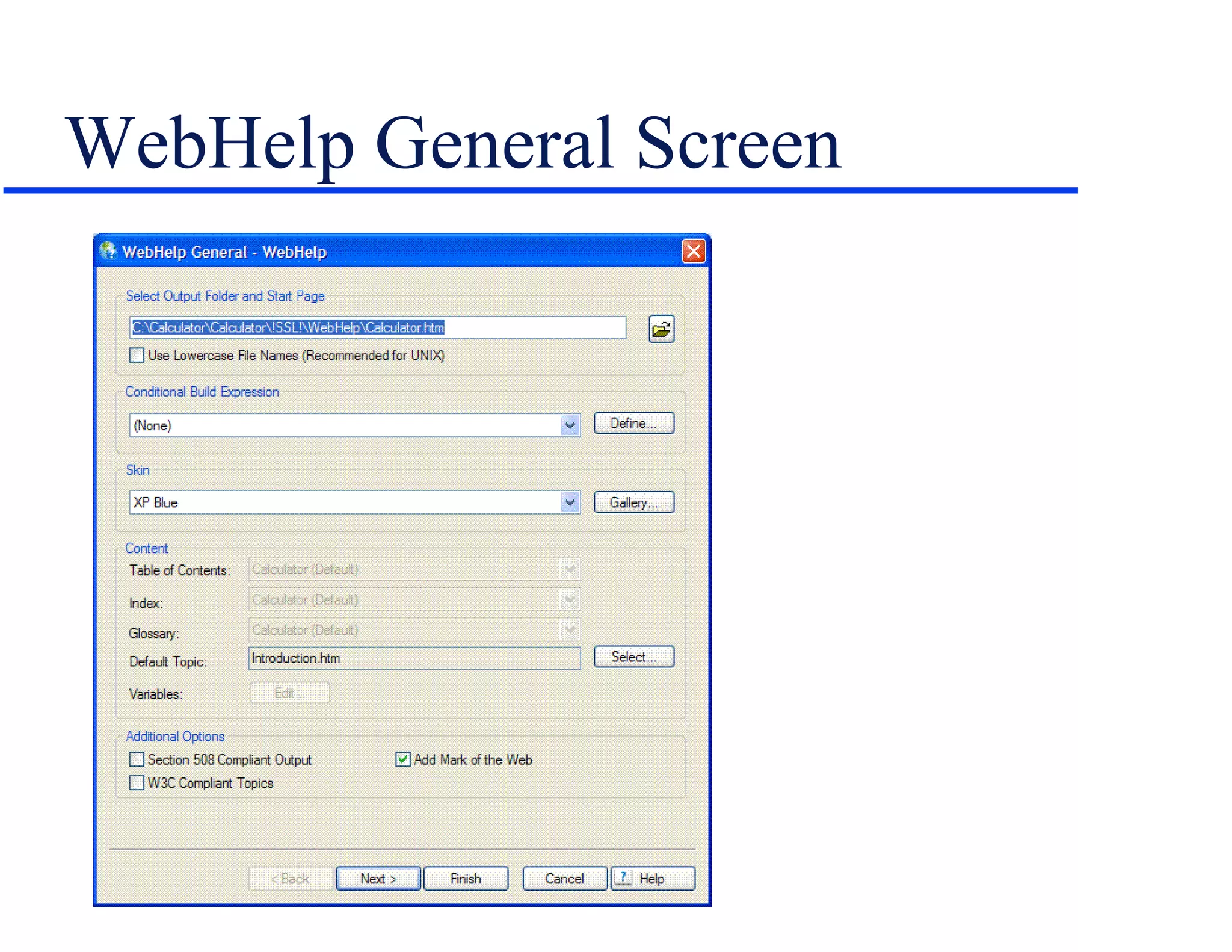 WebHelp General Screen 
