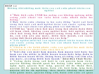 HOÄP 1.2 Höôùng tôùi nhöõng muïc tieâu cao caû cuûa phaùt trieån con ngöôøi "Muïc ñích cuûa CNXH laø naâng cao khoâng ngöøng möùc soáng vaät chaát vaø vaên hoaù cuûa nhaân daân lao ñoäng." Muïc tieâu cuûa chuùng ta laø xaây döïng "moät xaõ hoäi trong ñoù taát caû moïi ngöôøi ñeàu coù cuoäc soáng doài daøo veà vaät chaát vaø phong phuù veà tinh thaàn" CNXH laø "moät cheá ñoä maø trong ñoù nhaân daân thöïc söï laøm chuû, khoâng coøn ngöôøi boùc loät ngöôøi, moät cheá ñoä trong ñoù moïi ngöôøi soáng trong ñoäc laäp, töï do, coù côm aên aùo maëc, ñöôïc hoïc haønh, coù cuoäc soáng tinh thaàn phong phuù vaø cao ñeïp." "Con ngöôøi môùi laø con ngöôøi phaùt trieån toaøn dieän, coù cuoäc soáng taäp theå vaø caù nhaân haøi hoaø vaø phong phuù". "Chaêm lo cho haïnh phuùc cuûa con ngöôøi laø muïc tieâu phaán ñaáu cao nhaát cuûa cheá ñoä ta." "Toâi chæ coù moät ham muoán, ham muoán toät baäc laø laøm sao cho nöôùc ta ñöôïc hoaøn toaøn ñoäc laäp, daân ta ñöôïc hoaøn toaøn töï do, ñoàng baøo ai cuõng coù côm aên, aùo maëc, ai cuõng ñöôïc hoïc haønh."  (Lôøi Hoà Chuû Tòch). "Coâng daân trong xaõ hoäi ta coù quyeàn laøm vieäc, quyeàn höôûng thaønh quaû lao ñoäng cuûa mình, quyeàn nghæ ngôi, quyeàn hoïc taäp, quyeàn töï do thaân theå, quyeàn töï do ngoân luaän, baùo chí, hoäi hoïp, laäp hoäi, quyeàn töï do tín ngöôõng, theo hoaëc khoâng theo moät toân giaùo naøo, quyeàn öùng cöû, baàu cöû caùc cô quan Nhaø nöôùc cuûa mình... Coâng daân ñeàu bình ñaúng tröôùc phaùp luaät. Ñaøn baø vaø ñaøn oâng coù quyeàn bình ñaúng veà caùc maët chính trò, kinh teá ,vaên hoaù, xaõ hoäi vaø gia ñình. Treû em coù quyeàn ñöôïc nuoâi daïy toát, nhöõng ngöôøi giaø yeáu, taøn taät, oám ñau coù quyeàn ñöôïc saên soùc. Nhaø nöôùc ta khoâng chæ coâng nhaän quyeàn cuûa ngöôøi daân maø coøn baûo ñaûm nhöõng ñieàu kieän vaät chaát caàn thieát ñeå ngöôøi daân thöïc söï ñöôïc höôûng caùc quyeàn ñoù." Nguoàn: Vaên kieän Ñaïi hoäi Ñaûng, Caùc naêm khaùc nhau. 