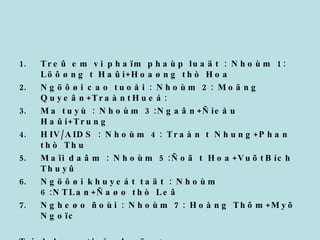 Treû em vi phaïm phaùp luaät : Nhoùm 1: Löôøng t Haûi+Hoaøng thò Hoa Ngöôøi cao tuoåi : Nhoùm 2: Moäng Quyeân+TraàntHueá: Ma tuyù : Nhoùm 3:Ngaân+Ñieåu Haûi+Trung HIV/AIDS : Nhoùm 4: Traàn t Nhung+Phan thò Thu Maïi daâm : Nhoùm 5:Ñoã t Hoa+VuõtBích Thuyû Ngöôøi khuyeát taät : Nhoùm 6:NTLan+Ñaøo thò Leâ Ngheøo ñoùi : Nhoùm 7: Hoàng Thôm+Myõ Ngoïc  Trình baøy tieåu luaän : 1- Nhoùm 1 : 28/2/04 