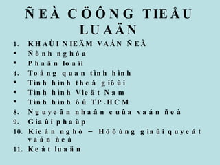 ÑEÀ CÖÔNG TIEÅU LUAÄN KHAÙI NIEÄM VAÁN ÑEÀ  Ñònh nghóa Phaân loaïi  Toång quan tình hình Tình hình theá giôùi Tình hình Vieät Nam Tình hình ôû TP.HCM Nguyeân nhaân cuûa vaán ñeà  Giaûi phaùp  Kieán nghò – Höôùng giaûi quyeát vaán ñeà Keát luaän 