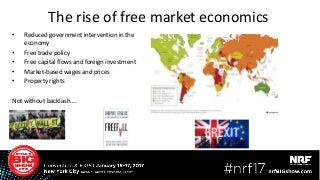 The rise of free market economics
• Reduced government intervention in the
economy
• Free trade policy
• Free capital flows and foreign investment
• Market-based wages and prices
• Property rights
Not without backlash….
 