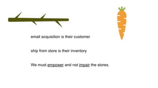 email acquisition is their customer
ship from store is their inventory
We must empower and not impair the stores.
 