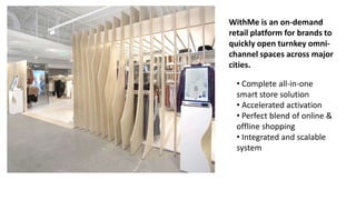 #LOVETHESTORE
WHEN YOU DO DIGITAL RIGHT#nrf17 I nrfBIGshow.com
WithMe is an on-demand
retail platform for brands to
quickly open turnkey omni-
channel spaces across major
cities.
• Complete all-in-one
smart store solution
• Accelerated activation
• Perfect blend of online &
offline shopping
• Integrated and scalable
system
 