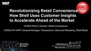 Revolutionizing Retail Convenience:
How Shell Uses Customer Insights
to Accelerate Ahead of the Market
CHRIS FIELD, Director, Retail Connections
CAROLYN YAPP, General Manager, Transactions, Data and Marketing, Shell Retail
 