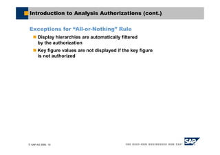 © SAP AG 2006, 10
Introduction to Analysis Authorizations (cont.)
Exceptions for “All-or-Nothing” Rule
Display hierarchies are automatically filtered
by the authorization
Key figure values are not displayed if the key figure
is not authorized
 